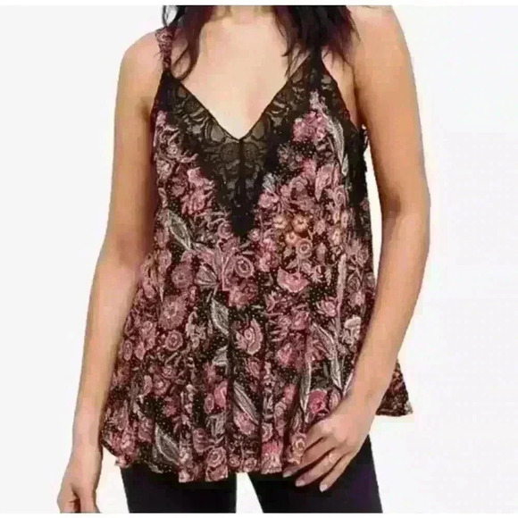 Free People Infinite Love Flowy Lace Cami Tank Top Size XS Floral Black Print - Picture 1 of 8